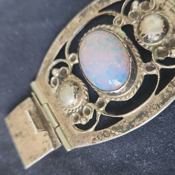 VINTAGE STERLING SILVER OPAL LARGE LINK BEAUTIFUL BRACELET. - Picture 8 of 9